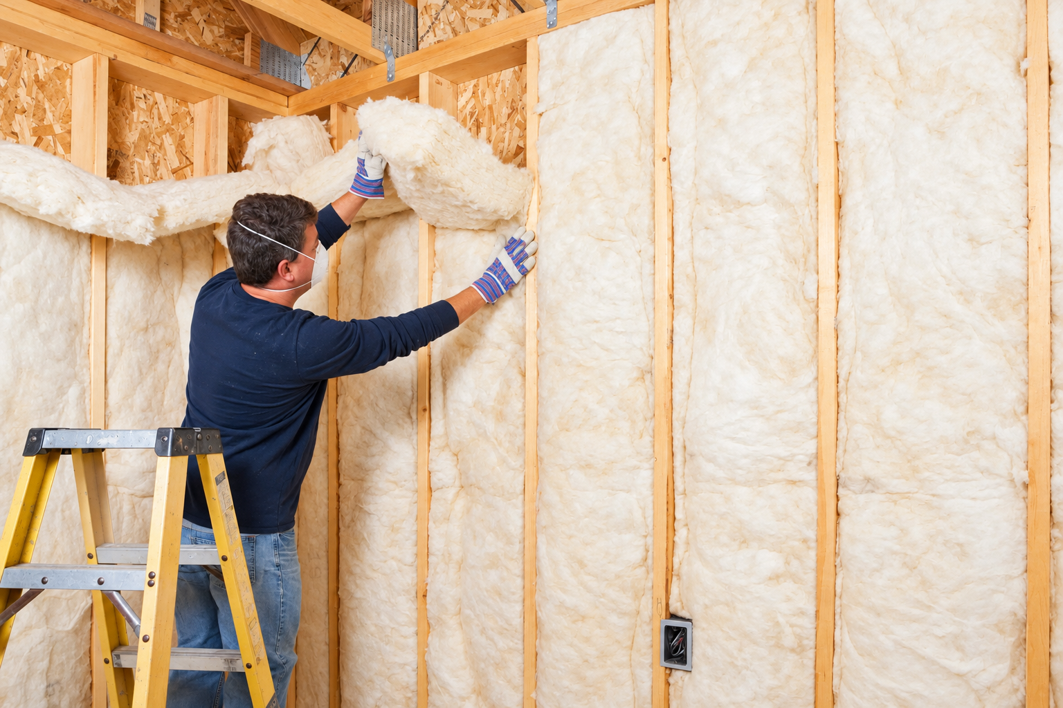 Insulation and vapour barrier poly installation for building envelope
